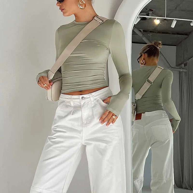 Mode femmes T-shirt à manches longues col rond solide coupe ajustée dames haut court avec trous pour les pouces pour le quotidien Streetwear été Camis