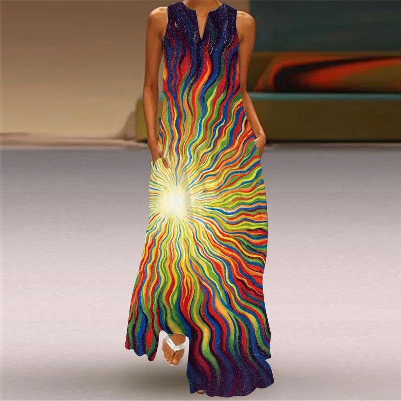 Robe maxi imprimée vintage pour femmes, robes d'été en fibre longue, col en V élégant, poche Boho, robe d'été de plage, robe éducative