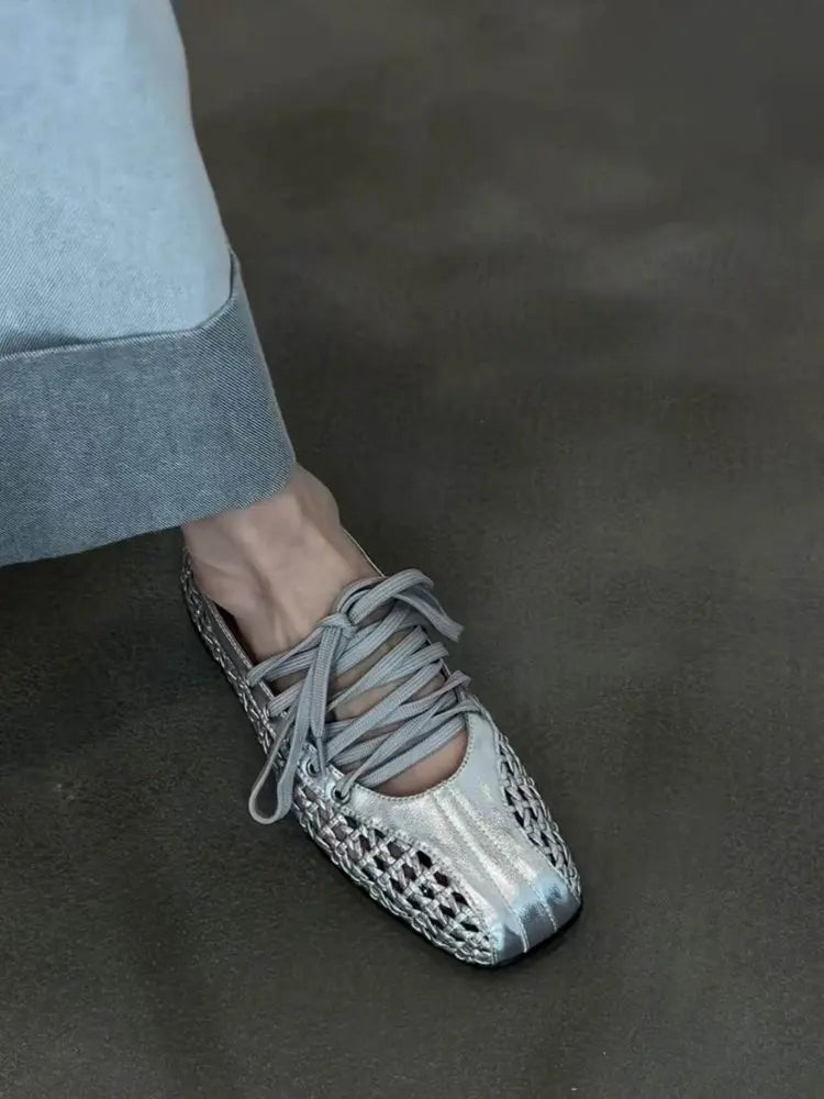 Chaussures de ballet plates pour femmes, chaussures décontractées de créateur, chaussures de sport à bout carré en maille, baskets tendance à lacets, confortables pour femme
