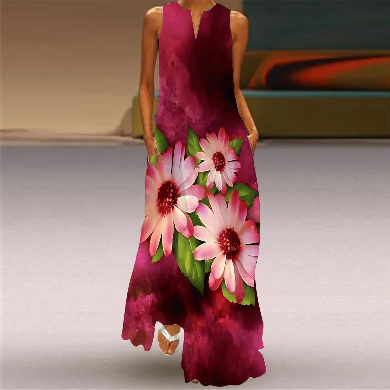 Robe maxi imprimée vintage pour femmes, robes d'été en fibre longue, col en V élégant, poche Boho, robe d'été de plage, robe éducative