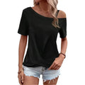 T-shirt femme noir printemps-été à une épaule, manches courtes, ourlet torsadé, coupe ample, élégant et stylé, pour le quotidien et la mode décontractée