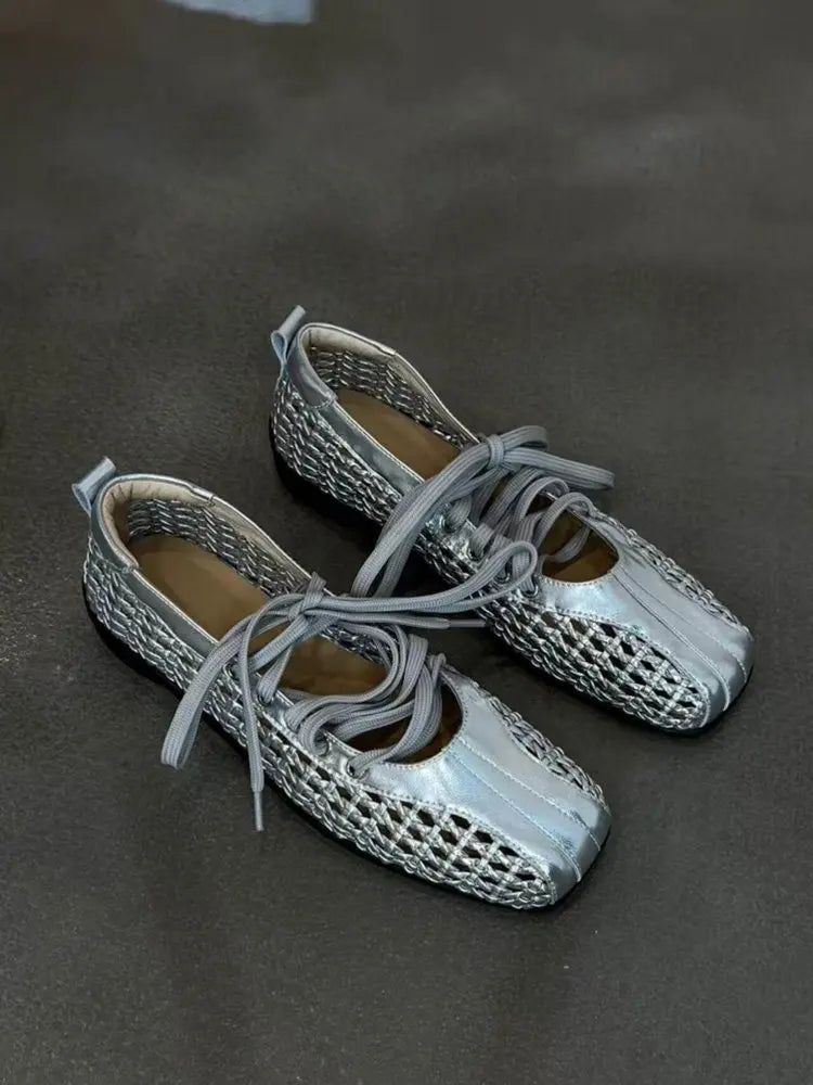 Chaussures de ballet plates pour femmes, chaussures décontractées de créateur, chaussures de sport à bout carré en maille, baskets tendance à lacets, confortables pour femme