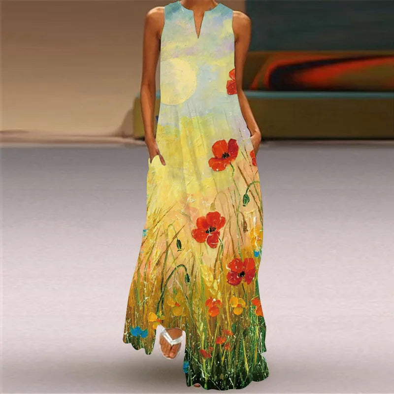 Robe maxi imprimée vintage pour femmes, robes d'été en fibre longue, col en V élégant, poche Boho, robe d'été de plage, robe éducative
