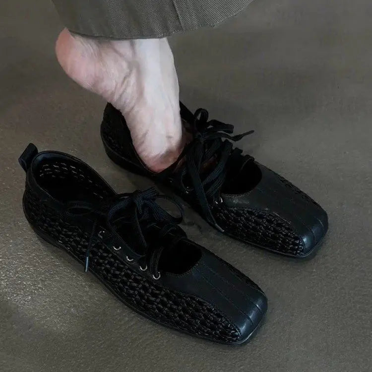 Chaussures de ballet plates pour femmes, chaussures décontractées de créateur, chaussures de sport à bout carré en maille, baskets tendance à lacets, confortables pour femme
