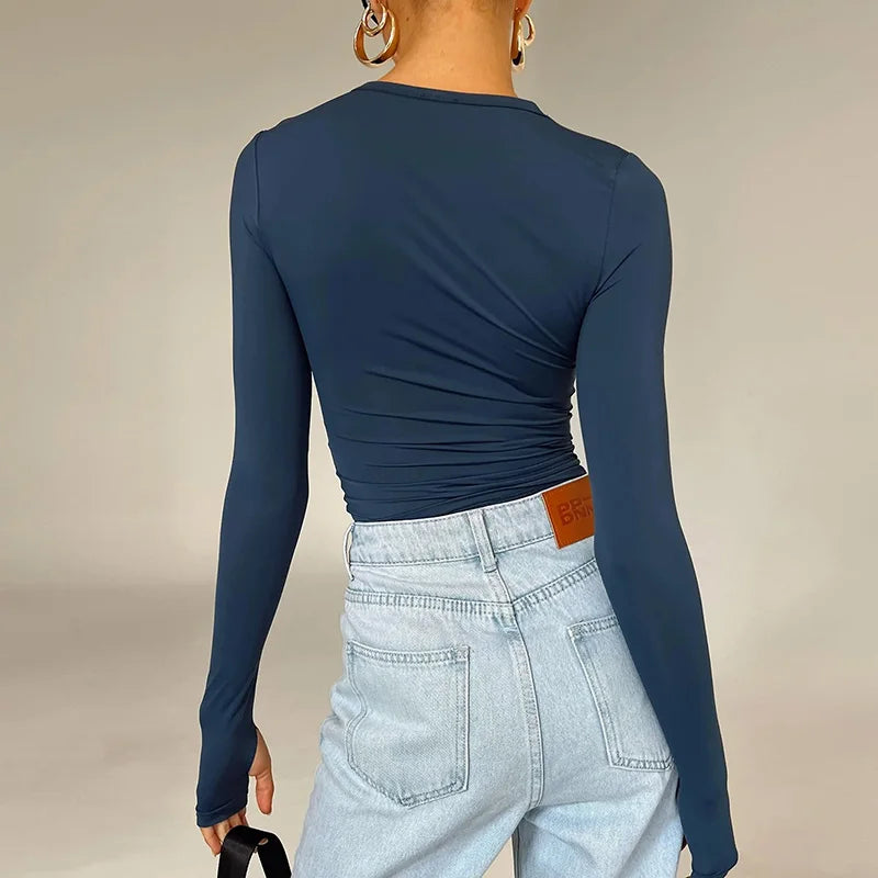 Mode femmes T-shirt à manches longues col rond solide coupe ajustée dames haut court avec trous pour les pouces pour le quotidien Streetwear été Camis