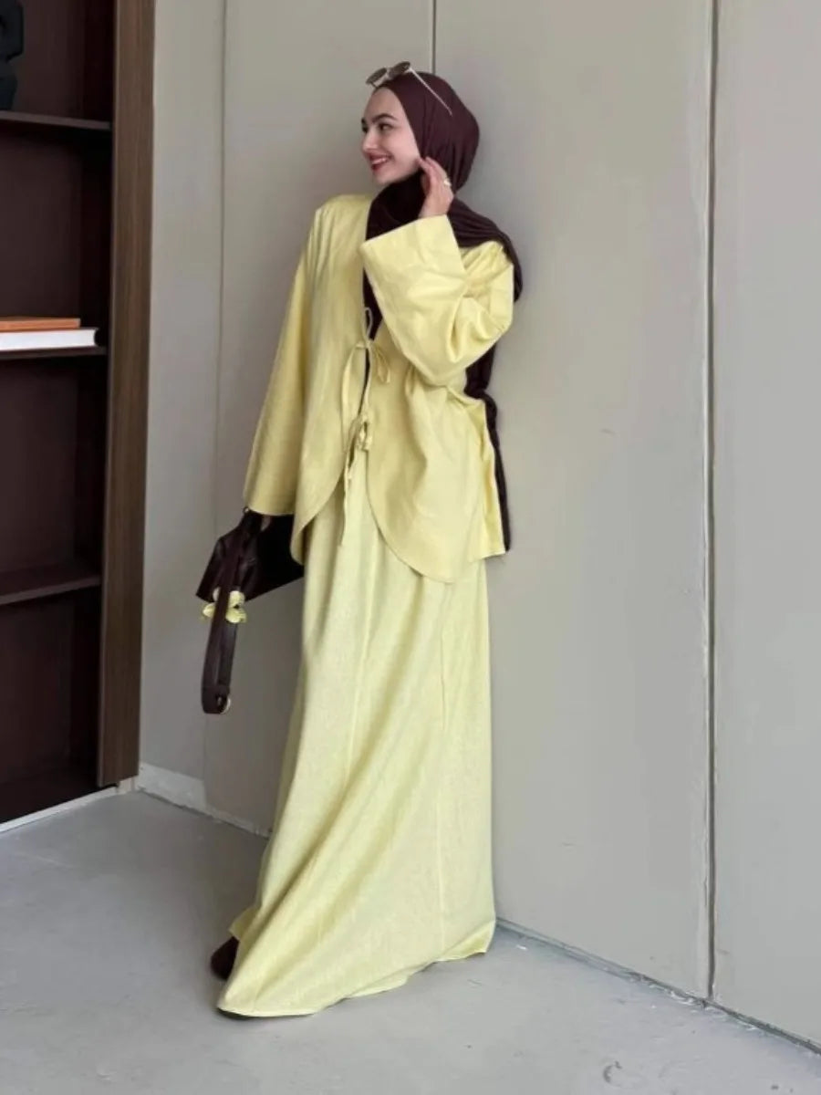 Ensemble deux pièces musulman pour femmes, chemise à lacets, jupe, costumes Ramadan marocain, dubaï, jupes longues, tenues islamiques, Jalabiya Musulman