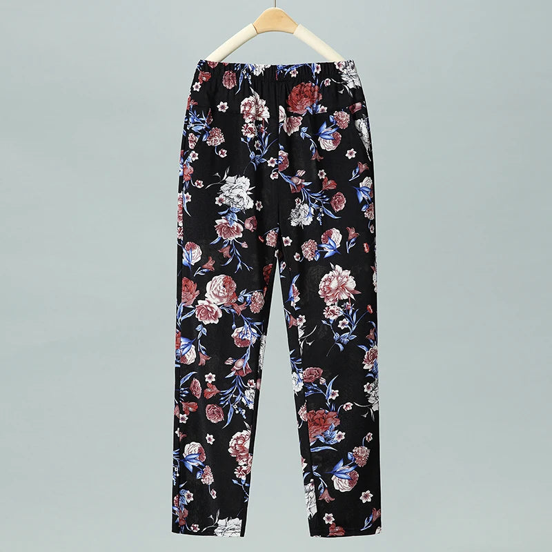 Pantalon d'été fin en soie glacée, coupe droite ample, taille haute, motif floral, pour maman et grand-mère, confortable et décontracté