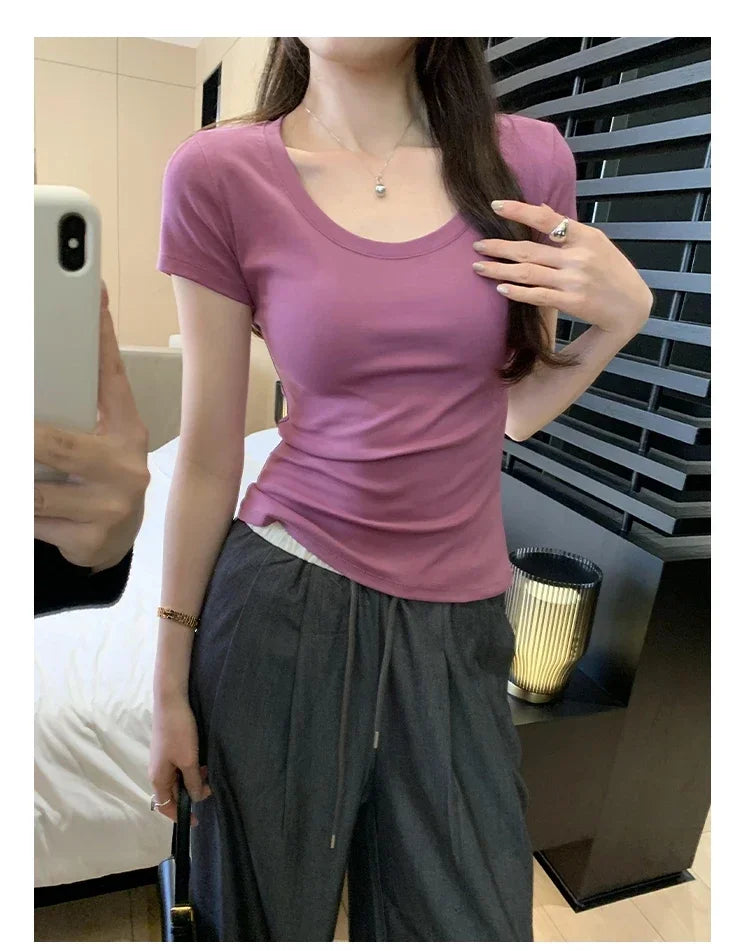 Femme 2026 été décontracté coton t-shirt pour femmes à manches courtes t-shirts mode femmes vêtements mince basique col rond Y2K t-shirt