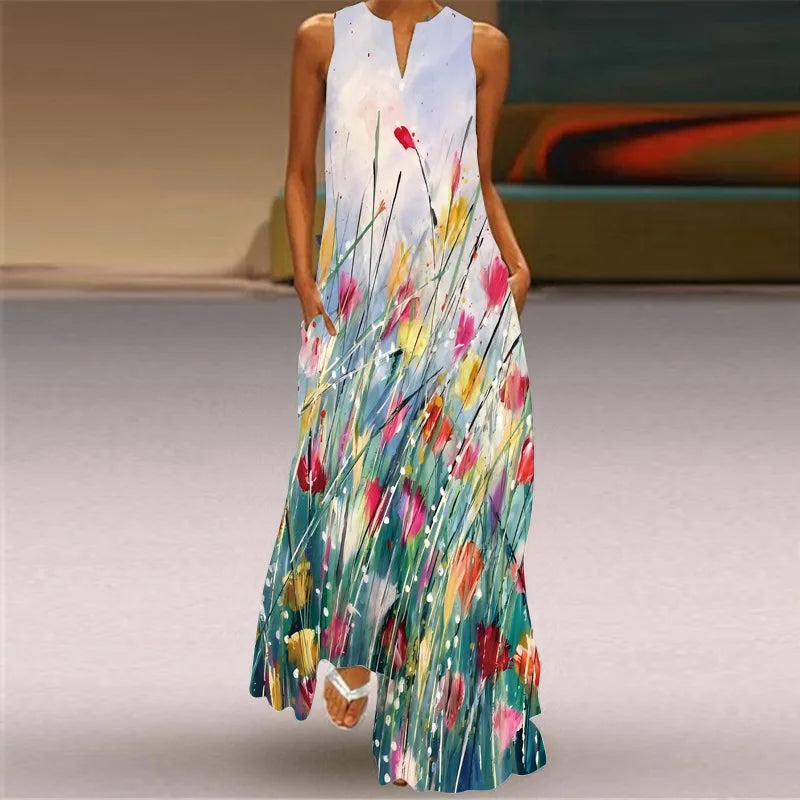 Robe maxi imprimée vintage pour femmes, robes d'été en fibre longue, col en V élégant, poche Boho, robe d'été de plage, robe éducative