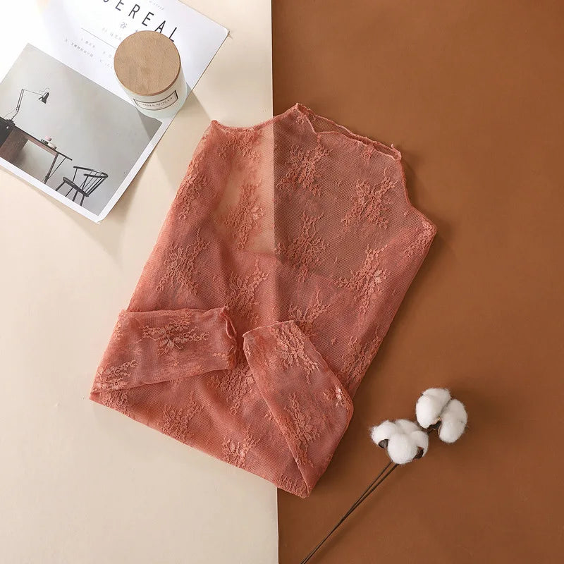T-Shirts en maille pour femmes, chemisier en dentelle transparente, manches longues, hauts transparents pour femmes, chemise à bascule, T-Shirts transparents, haut court