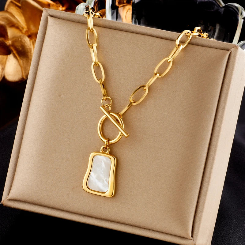 DIEYURO 316L acier inoxydable géométrique trapézoïdal perle huître pendentif collier pour les femmes nouveau OT boucle chaînes bijoux cadeaux