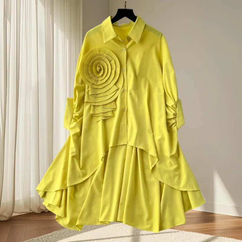 2025, nouveau, européen, vêtements, ample, chemisier, Chic, col rabattu, irrégulier, fleurs tridimensionnelles, femmes, manches chauve-souris, hauts, 41293