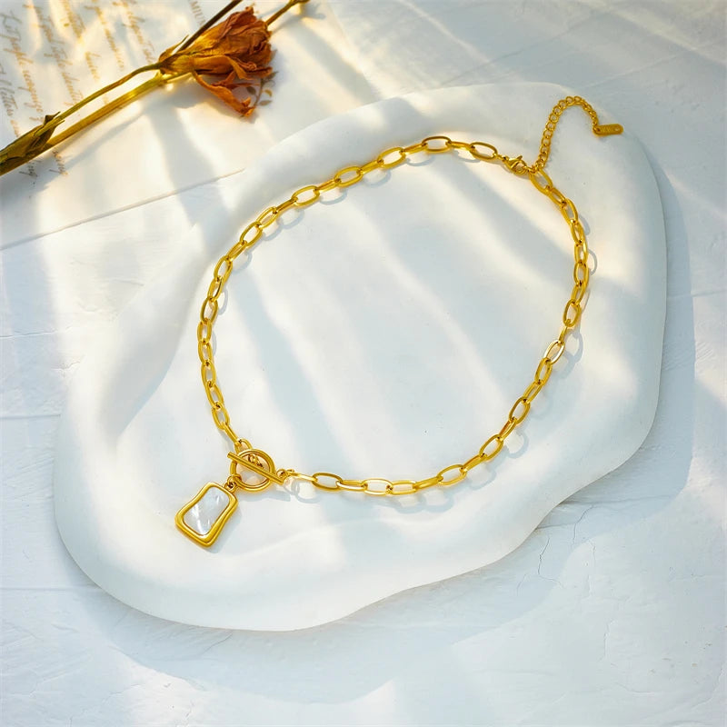 DIEYURO 316L acier inoxydable géométrique trapézoïdal perle huître pendentif collier pour les femmes nouveau OT boucle chaînes bijoux cadeaux