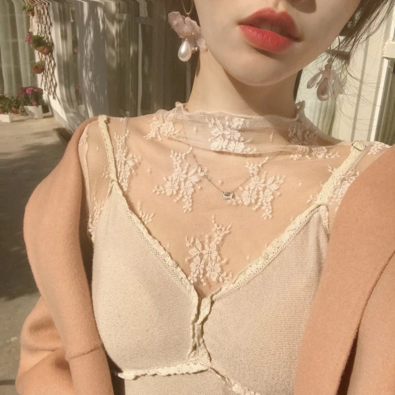 T-Shirts en maille pour femmes, chemisier en dentelle transparente, manches longues, hauts transparents pour femmes, chemise à bascule, T-Shirts transparents, haut court