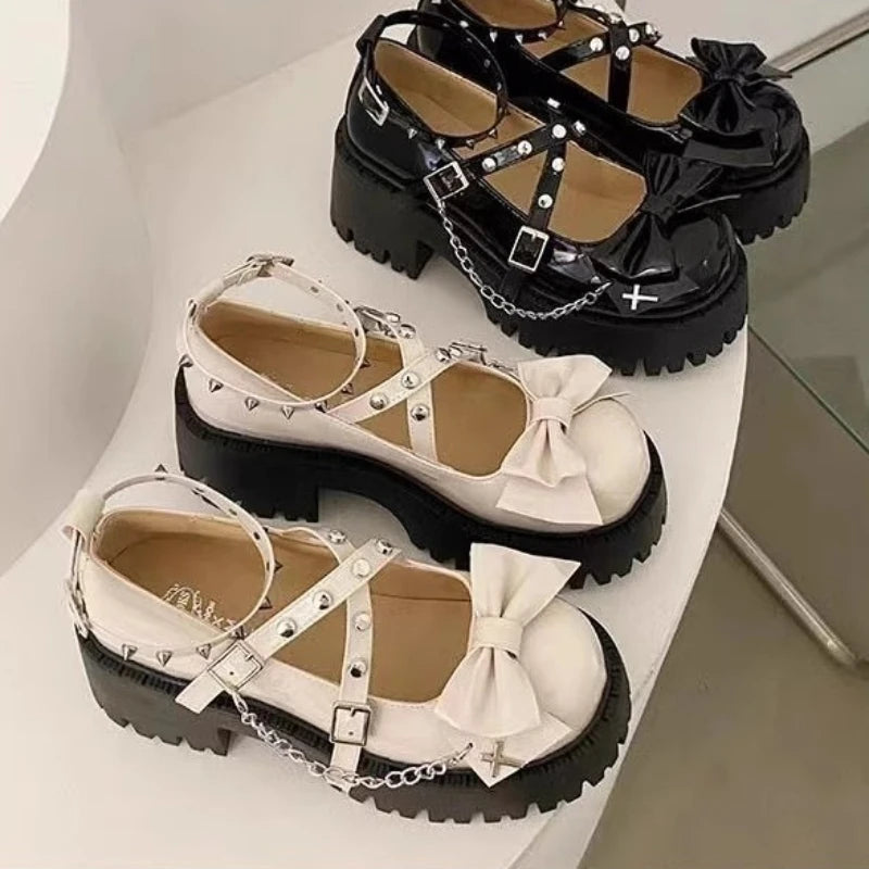 2025 nouvelles Chaussures pour femmes lanières de cheville femmes pompes plate-forme femmes arcs en cuir Mary Jane Punk gothique talon épais Chaussures Femme