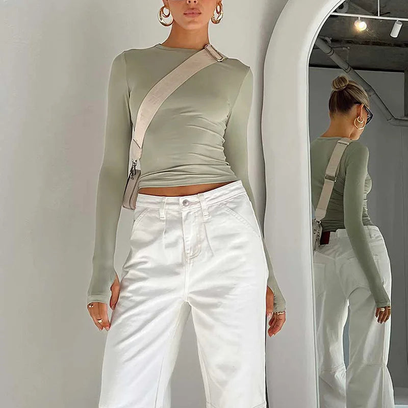 Mode femmes T-shirt à manches longues col rond solide coupe ajustée dames haut court avec trous pour les pouces pour le quotidien Streetwear été Camis