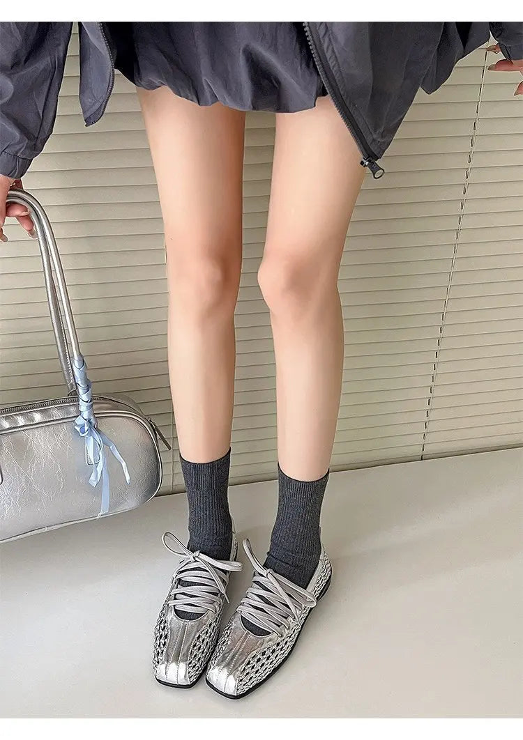 Chaussures de ballet plates pour femmes, chaussures décontractées de créateur, chaussures de sport à bout carré en maille, baskets tendance à lacets, confortables pour femme