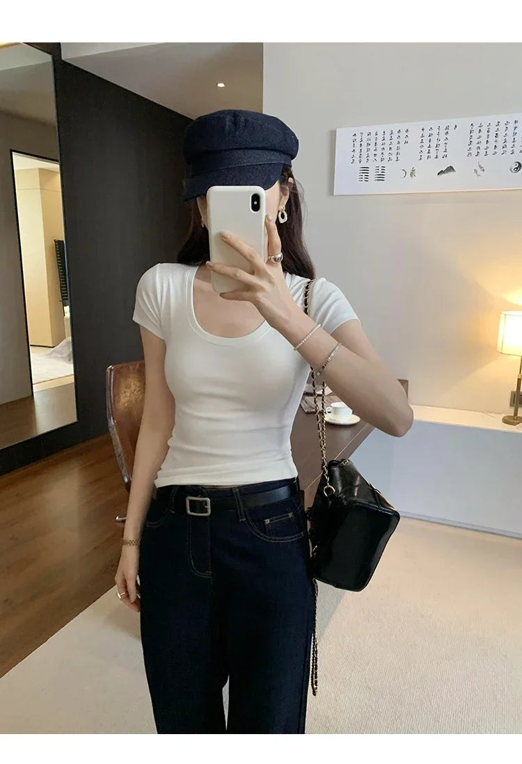 Femme 2026 été décontracté coton t-shirt pour femmes à manches courtes t-shirts mode femmes vêtements mince basique col rond Y2K t-shirt
