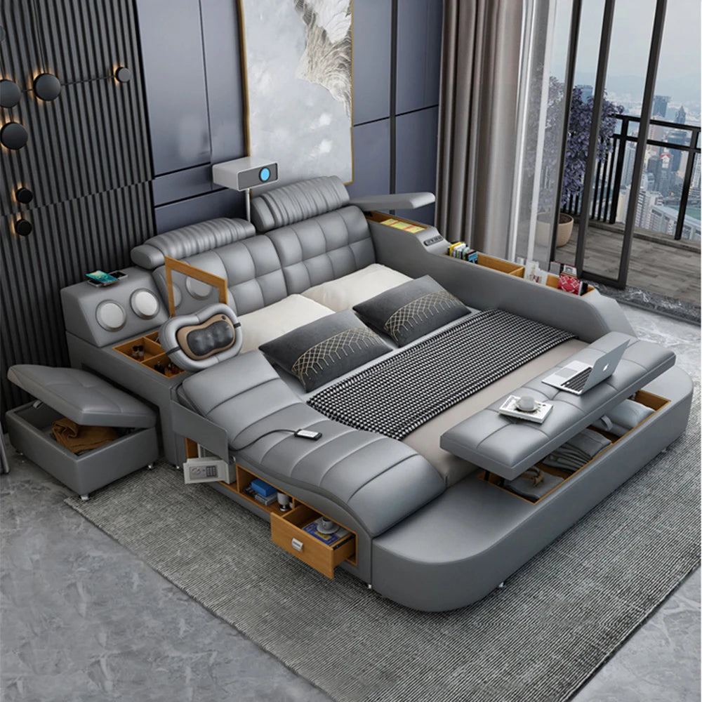 Lit Linlamlim Tech Smart en cuir véritable |   Lits ultimes multifonctionnels |   Lit Tatami de massage avec projecteur |   Cama rembourrée