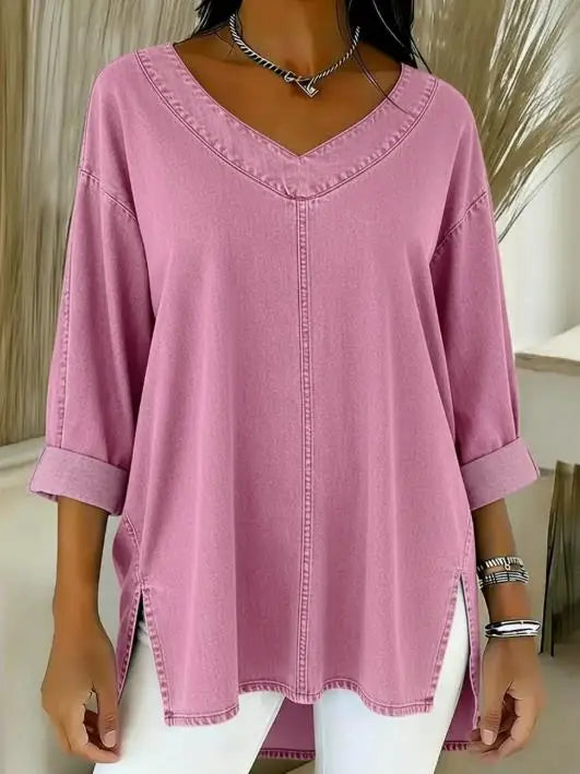 T-shirt pour femme, nouvelle collection printemps, tendance, couleur unie, col en V simple, tissu en jean ample, polyvalent, manches longues