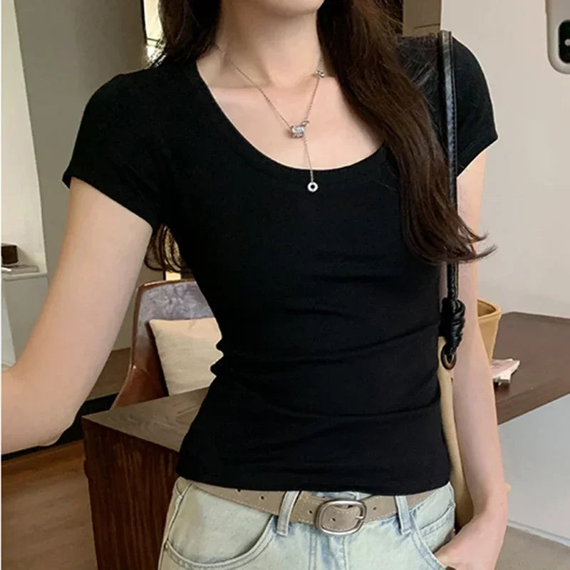 Femme 2026 été décontracté coton t-shirt pour femmes à manches courtes t-shirts mode femmes vêtements mince basique col rond Y2K t-shirt