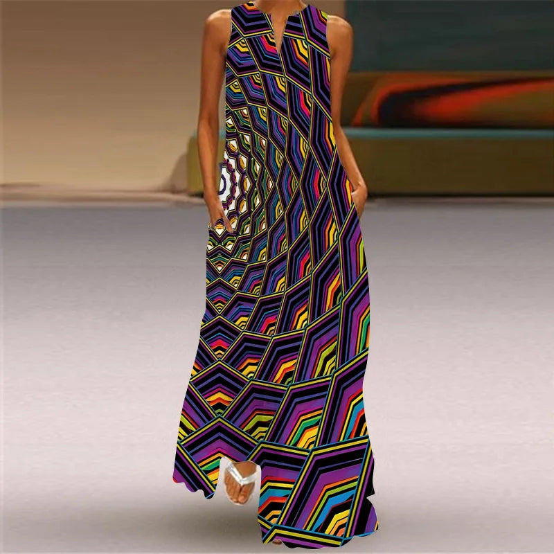 Robe maxi imprimée vintage pour femmes, robes d'été en fibre longue, col en V élégant, poche Boho, robe d'été de plage, robe éducative