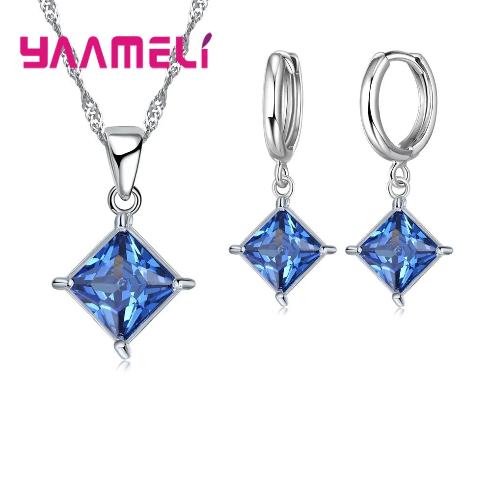Nouvelle grande Promotion 925 en argent Sterling brillant carré Zircons pendentif collier et boucles d'oreilles ensembles de bijoux pour la vente en gros