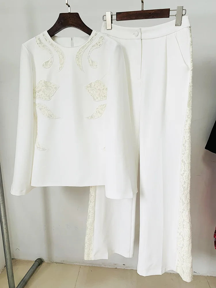 Ensemble de costume de créateur HIGH STREET, nouveauté 2026, pour femme, avec haut à manches évasées et pantalon, orné de dentelle et de patchwork brodé
