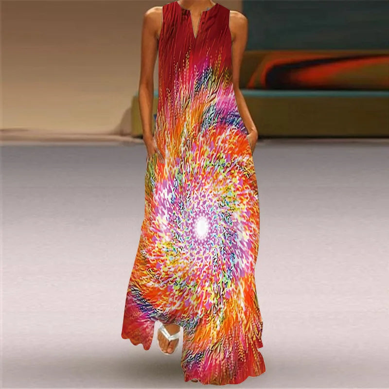 Robe maxi imprimée vintage pour femmes, robes d'été en fibre longue, col en V élégant, poche Boho, robe d'été de plage, robe éducative