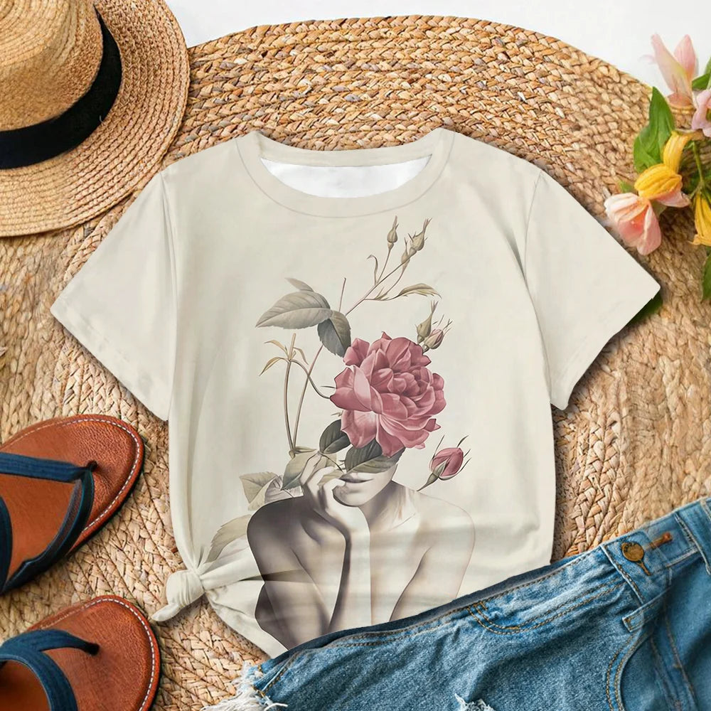 T-shirt femme avec sculpture beige et motif floral - Art Style décontracté été col rond manches courtes