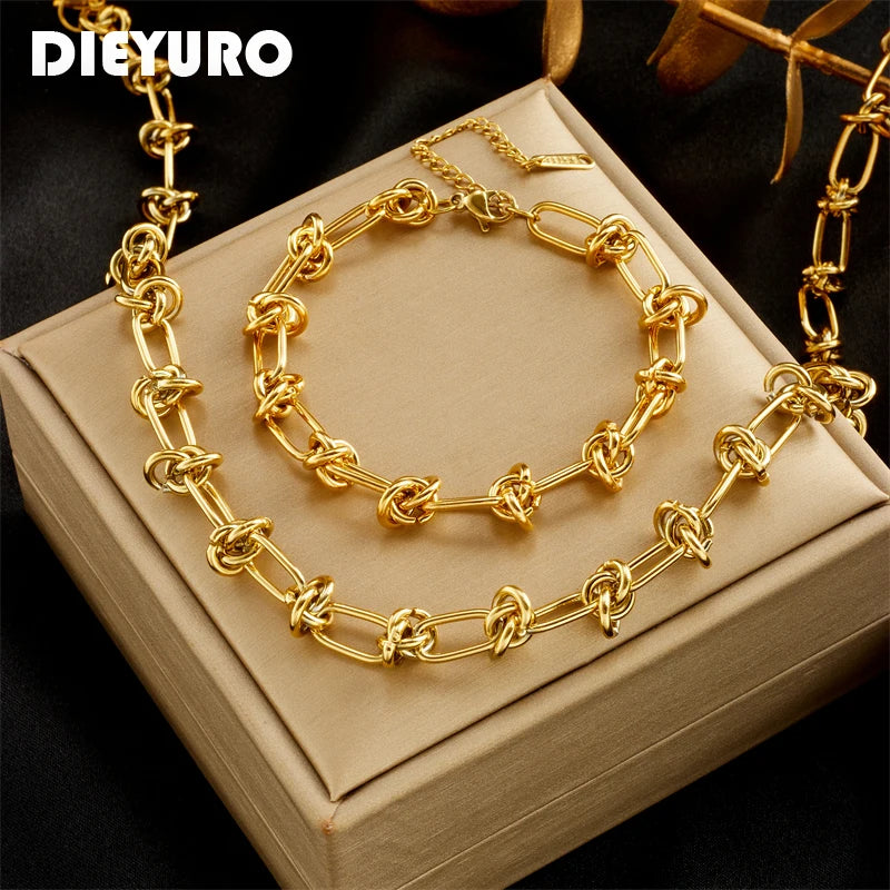 DIEYURO 316L acier inoxydable or argent couleur torsion noeud collier Bracelets pour femme fille nouvelle mode ne se décolore pas ensemble de bijoux