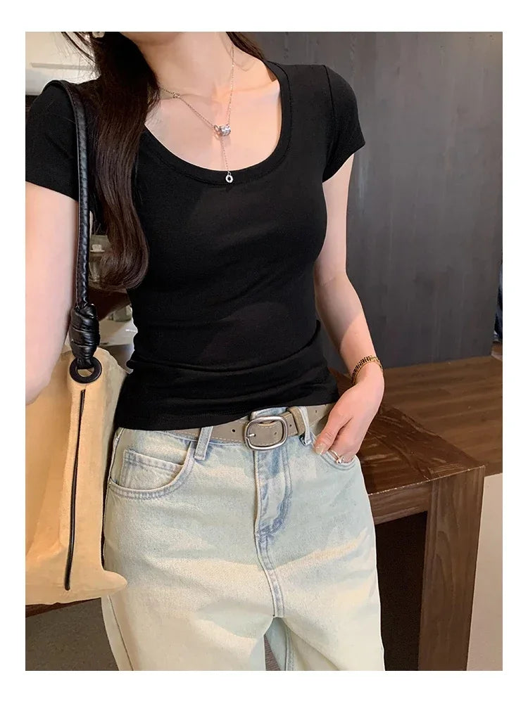 Femme 2026 été décontracté coton t-shirt pour femmes à manches courtes t-shirts mode femmes vêtements mince basique col rond Y2K t-shirt