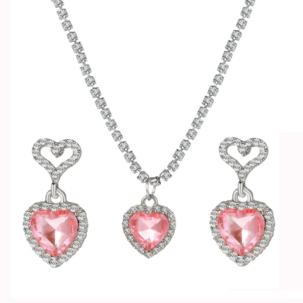 Ensemble de colliers et boucles d'oreilles pour femmes, pendentif en cristal rose en Zircon en forme de cœur, bijoux pour femmes, cadeaux exquis, nouvelle mode
