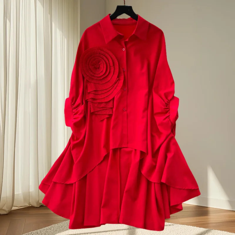2025, nouveau, européen, vêtements, ample, chemisier, Chic, col rabattu, irrégulier, fleurs tridimensionnelles, femmes, manches chauve-souris, hauts, 41293