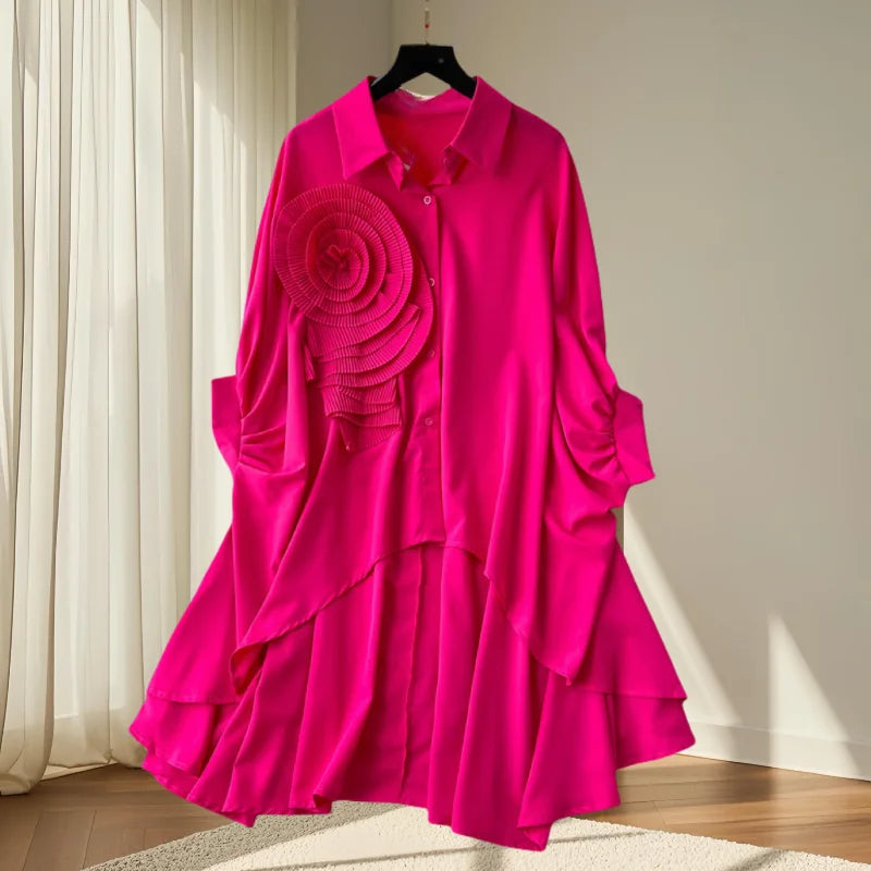 2025, nouveau, européen, vêtements, ample, chemisier, Chic, col rabattu, irrégulier, fleurs tridimensionnelles, femmes, manches chauve-souris, hauts, 41293