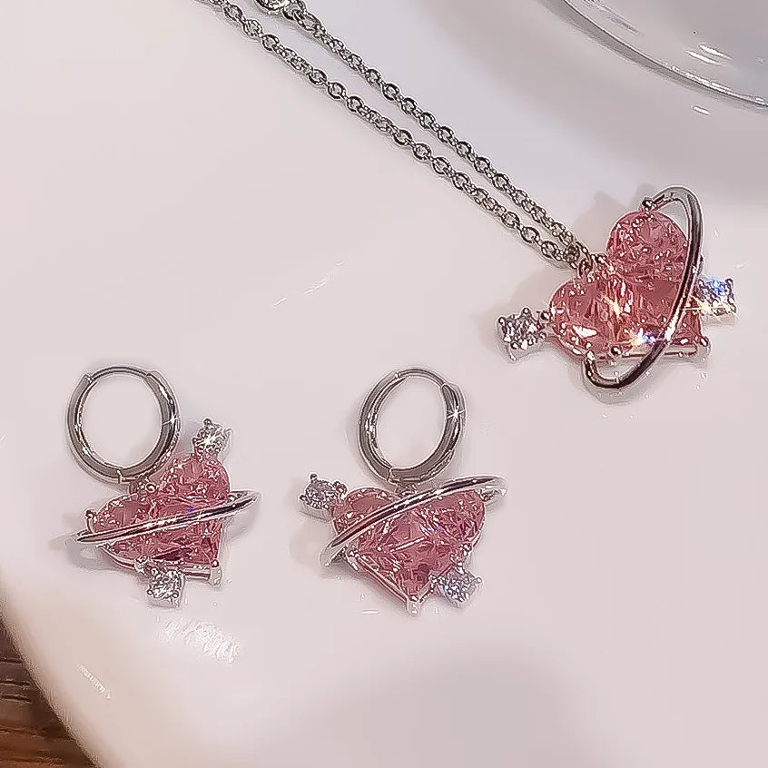 Ensemble de colliers et boucles d'oreilles pour femmes, pendentif en cristal rose en Zircon en forme de cœur, bijoux pour femmes, cadeaux exquis, nouvelle mode