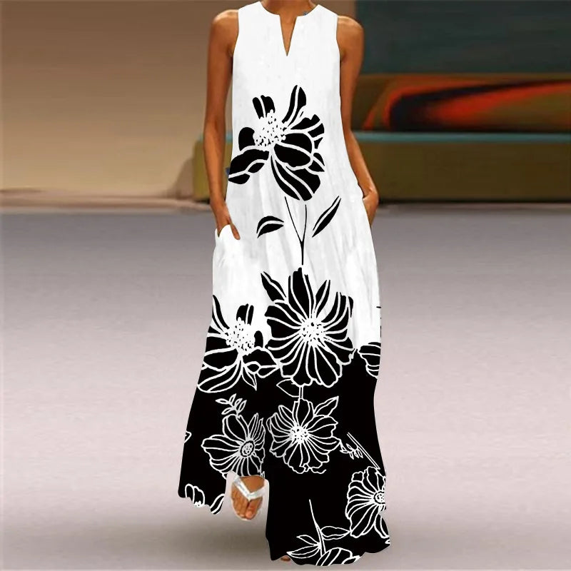 Robe maxi imprimée vintage pour femmes, robes d'été en fibre longue, col en V élégant, poche Boho, robe d'été de plage, robe éducative