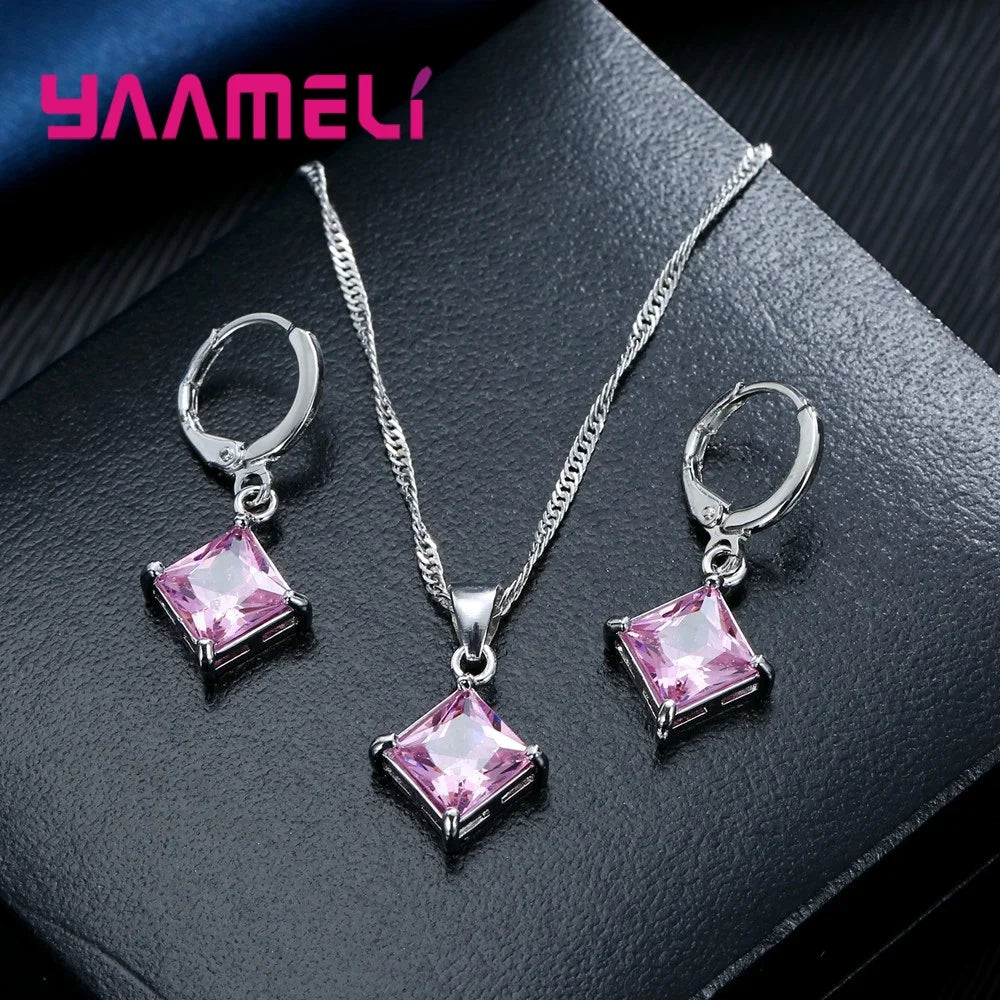 Nouvelle grande Promotion 925 en argent Sterling brillant carré Zircons pendentif collier et boucles d'oreilles ensembles de bijoux pour la vente en gros