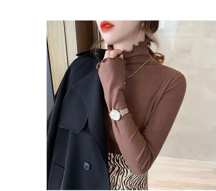 Femme t-shirts femme col roulé à manches longues T-Shirt automne hiver à volants Mujer Camisetas col mi-haut Plus hauts polaires