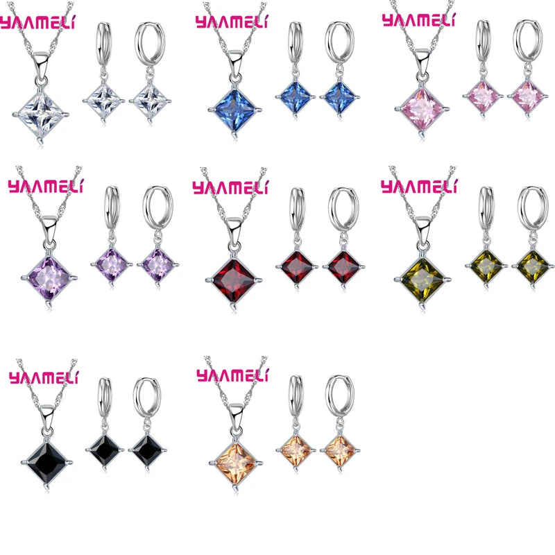Nouvelle grande Promotion 925 en argent Sterling brillant carré Zircons pendentif collier et boucles d'oreilles ensembles de bijoux pour la vente en gros
