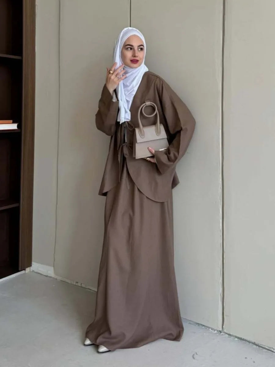 Ensemble deux pièces musulman pour femmes, chemise à lacets, jupe, costumes Ramadan marocain, dubaï, jupes longues, tenues islamiques, Jalabiya Musulman