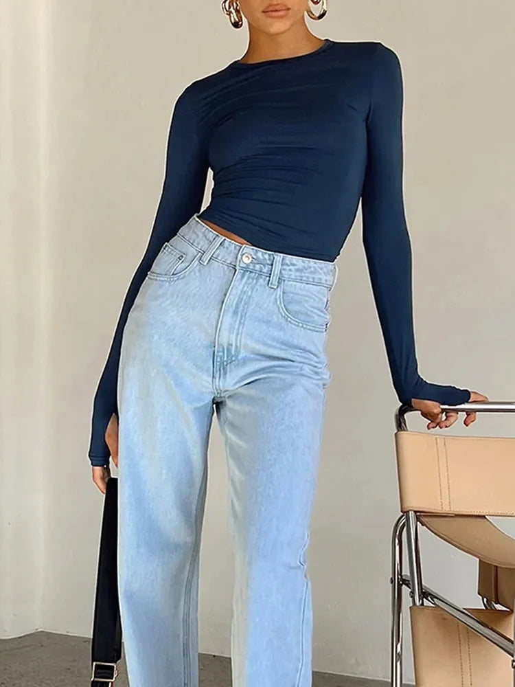 Mode femmes T-shirt à manches longues col rond solide coupe ajustée dames haut court avec trous pour les pouces pour le quotidien Streetwear été Camis