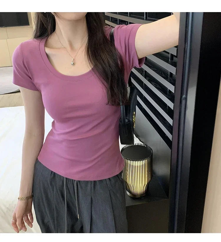 Femme 2026 été décontracté coton t-shirt pour femmes à manches courtes t-shirts mode femmes vêtements mince basique col rond Y2K t-shirt