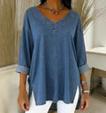 T-shirt pour femme, nouvelle collection printemps, tendance, couleur unie, col en V simple, tissu en jean ample, polyvalent, manches longues