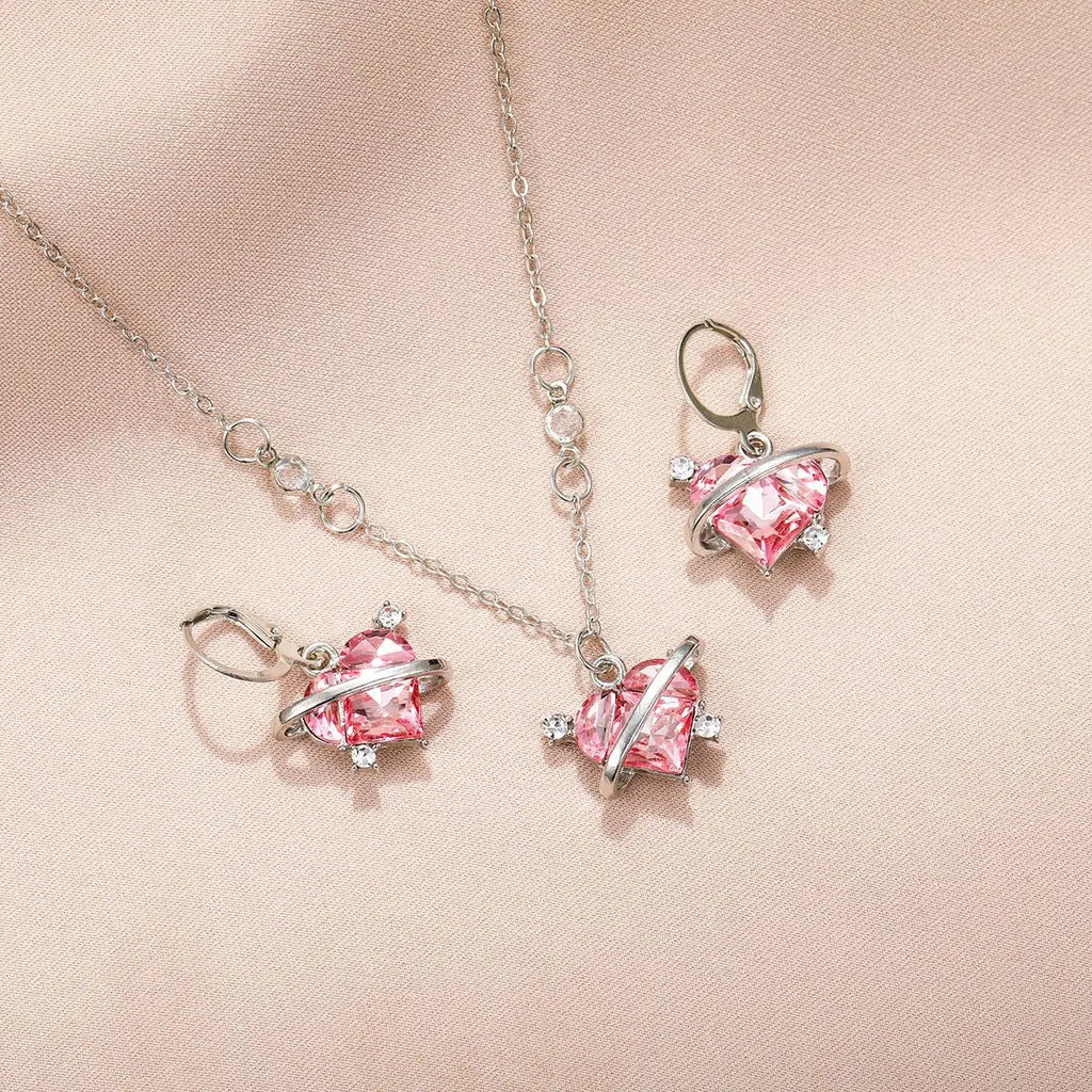 Ensemble de colliers et boucles d'oreilles pour femmes, pendentif en cristal rose en Zircon en forme de cœur, bijoux pour femmes, cadeaux exquis, nouvelle mode