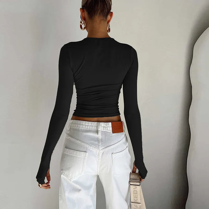Mode femmes T-shirt à manches longues col rond solide coupe ajustée dames haut court avec trous pour les pouces pour le quotidien Streetwear été Camis