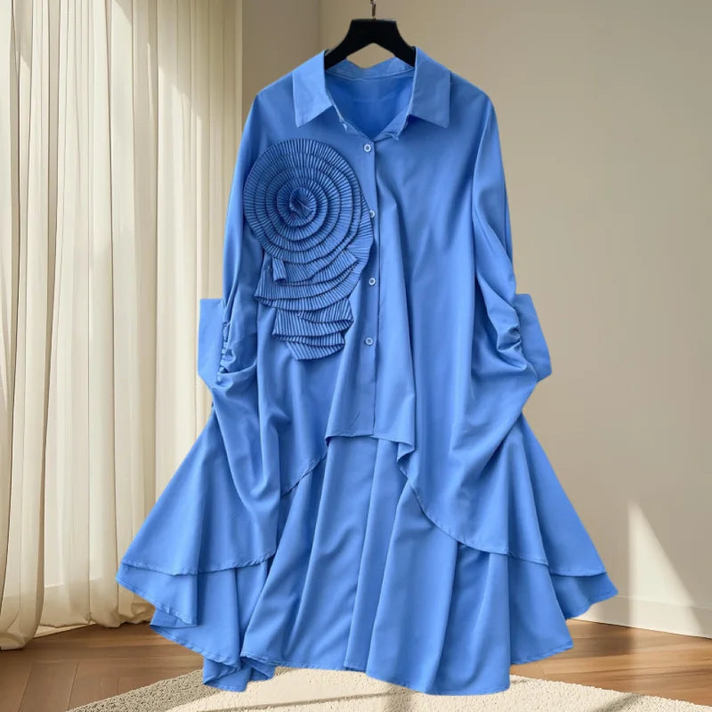2025, nouveau, européen, vêtements, ample, chemisier, Chic, col rabattu, irrégulier, fleurs tridimensionnelles, femmes, manches chauve-souris, hauts, 41293