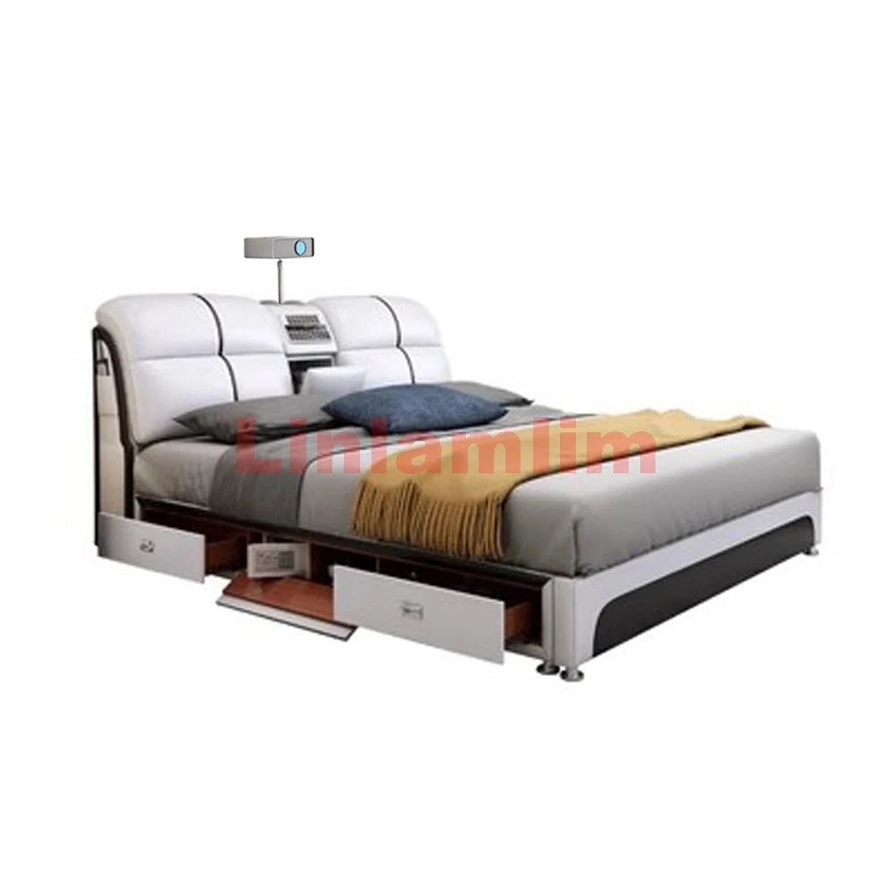 Linlamlim-Lit intelligent en cuir véritable, module multifonctionnel, UlOscar Camas hypothécaire ami, lit avec massage, budgétaire, supporter ficateur d'air, haut-parleur
