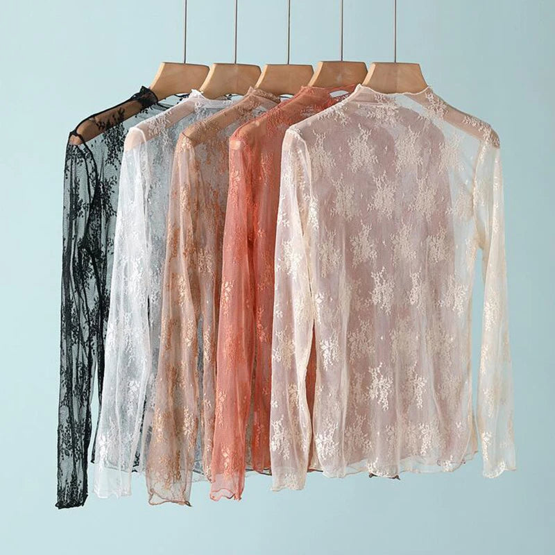 T-Shirts en maille pour femmes, chemisier en dentelle transparente, manches longues, hauts transparents pour femmes, chemise à bascule, T-Shirts transparents, haut court